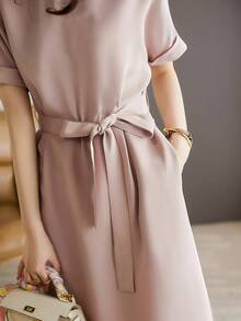 素色腰帶直筒連衣裙 - 藕粉色 - 查看 5