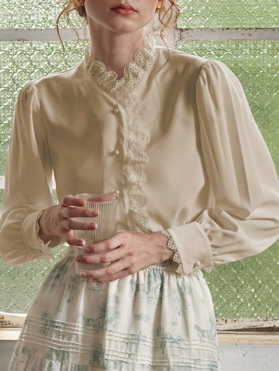 Simple Retro Camisa ribete con encaje en contraste con botón delantero - Albaricoque - Ver 1