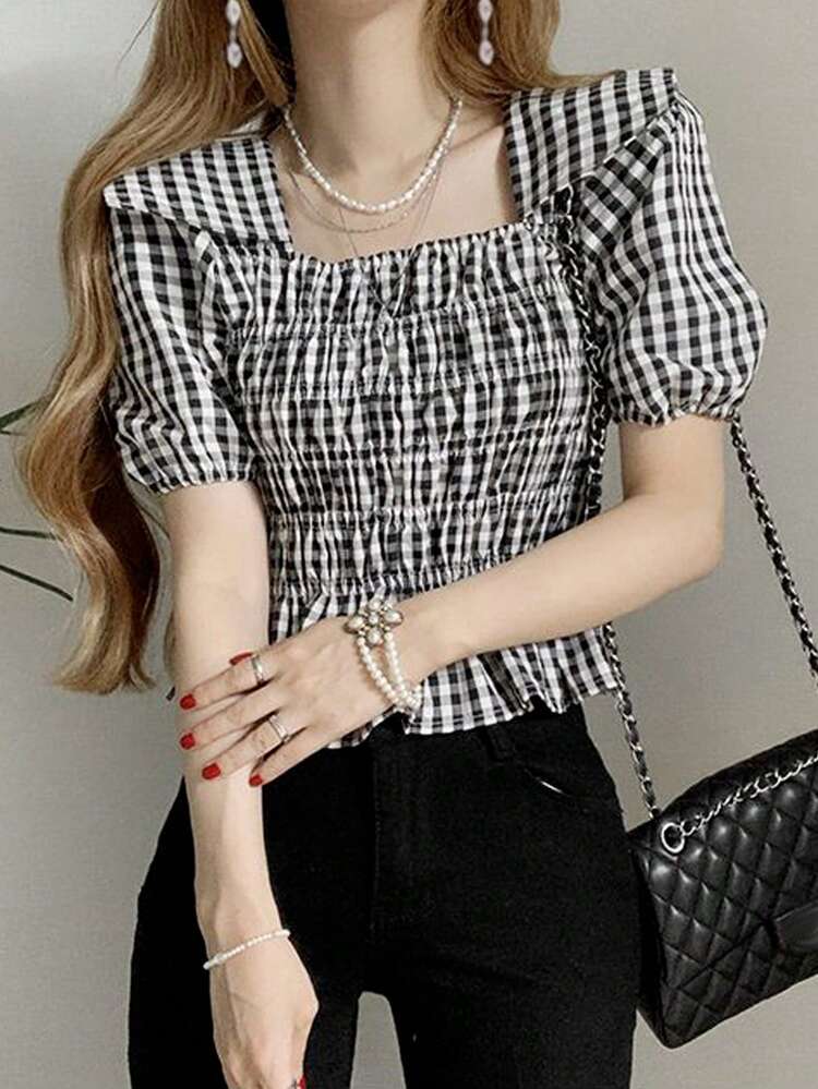 여성 캐주얼 체크무늬 허리 꼭끼는 블라우스 (여름용)