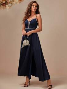 Eilly Bazar Contrast Mesh Split Thigh Cami Prom Dress - Navy Blue - View 1