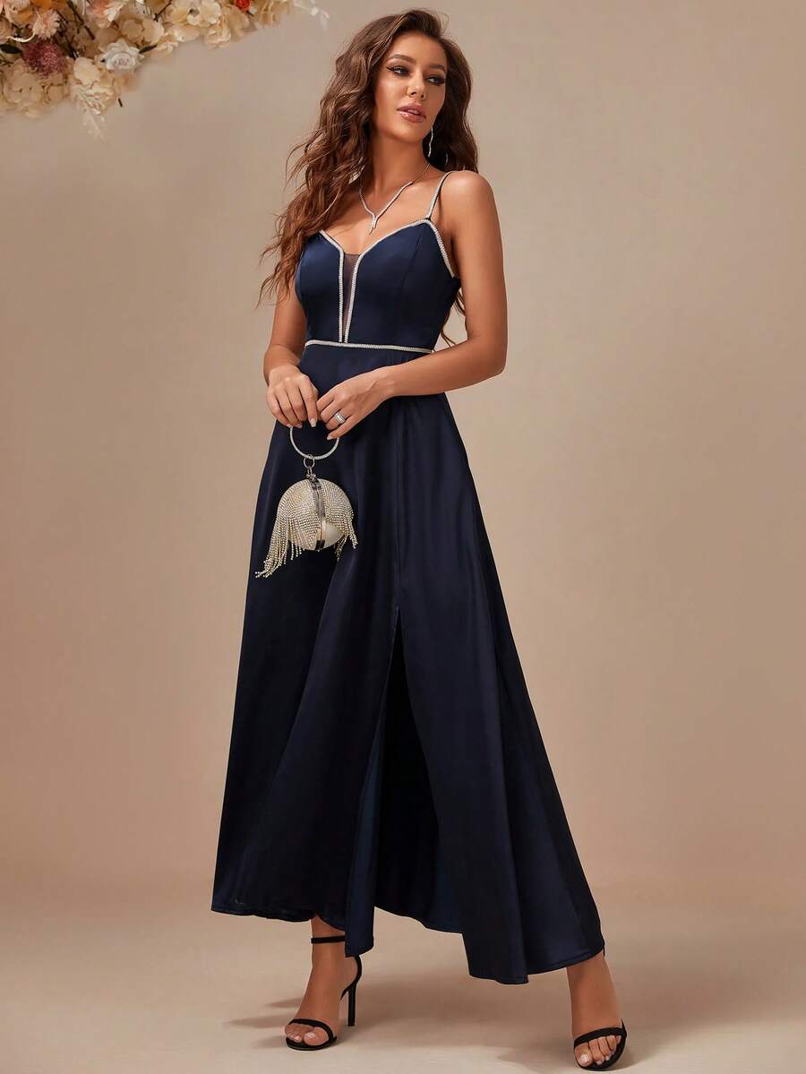 Eilly Bazar Contrast Mesh Split Thigh Cami Prom Dress - Navy Blue - View 1