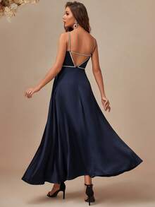 Eilly Bazar Contrast Mesh Split Thigh Cami Prom Dress - Navy Blue - View 2