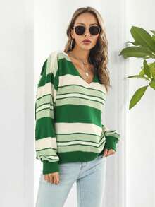 Mẫu sọc Thả vai Áo len - màu xanh lá - Xem 3