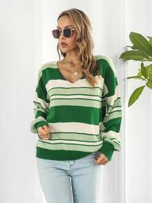 Mẫu sọc Thả vai Áo len - màu xanh lá - Xem 4