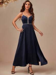 Eilly Bazar Contrast Mesh Split Thigh Cami Prom Dress - Navy Blue - View 5