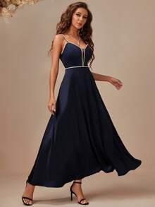 Eilly Bazar Contrast Mesh Split Thigh Cami Prom Dress - Navy Blue - View 6