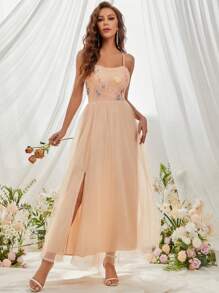 Eilly Bazar Floral Embroidery Split Thigh Cami Cocktail Dress - Baby Pink - View 1