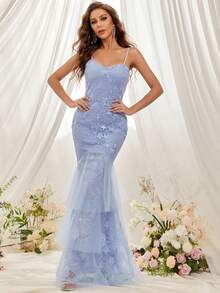 Eilly Bazar Kontrast Broderat Nät Sjöjungfru Fåll Balklänning - Dammblå - Visa 1