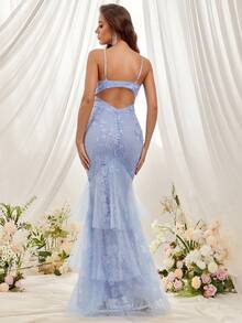 Eilly Bazar Kontrast Broderat Nät Sjöjungfru Fåll Balklänning - Dammblå - Visa 2