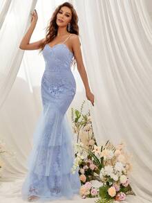 Eilly Bazar Kontrast Broderat Nät Sjöjungfru Fåll Balklänning - Dammblå - Visa 3