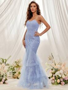 Eilly Bazar Kontrast Broderat Nät Sjöjungfru Fåll Balklänning - Dammblå - Visa 4