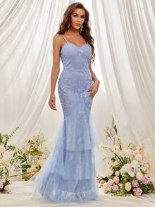 Eilly Bazar Kontrast Broderat Nät Sjöjungfru Fåll Balklänning - Dammblå - Visa 5