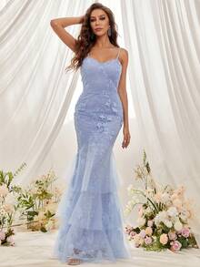 Eilly Bazar Kontrast Broderat Nät Sjöjungfru Fåll Balklänning - Dammblå - Visa 6