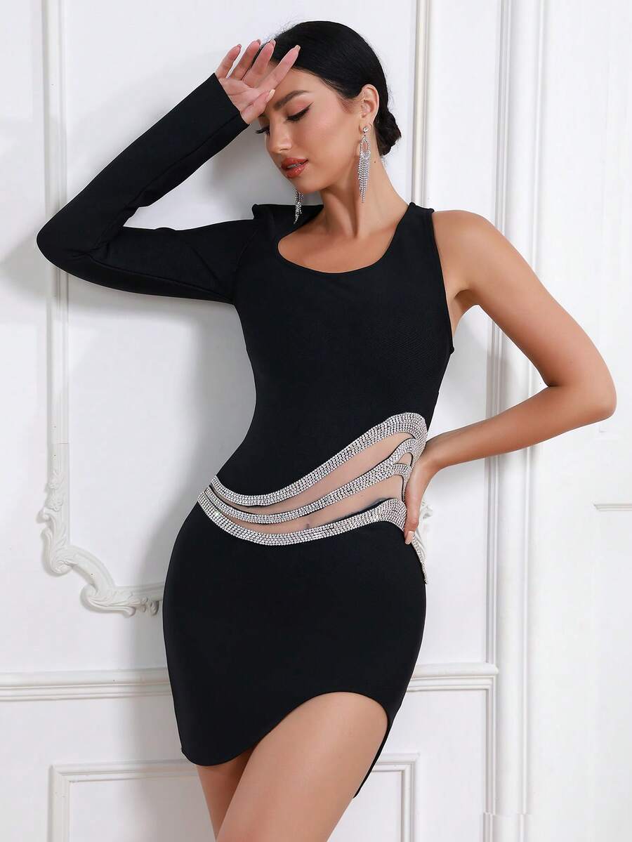 Modphy فستان حفلة ضيق قصير بتصميم غير متماثل بكتف واحد وخصر مرصع بالراينستون مع تفاصيل مفرغة - الأسود - مشاهدة 1