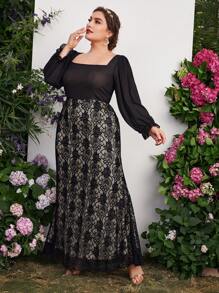 Đầm dự tiệc ren cổ vuông tay loe - màu đen - Xem 1