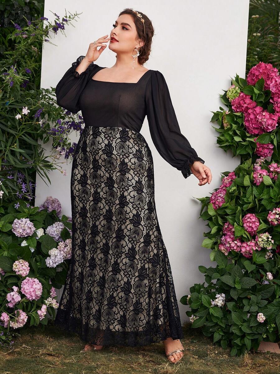 Đầm dự tiệc ren cổ vuông tay loe - màu đen - Xem 1