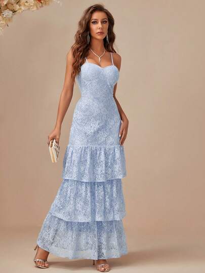 Eilly Bazar Ruffle Hem Lace Formal Dress Party Dress Wedding Guest Dress Prom Dress