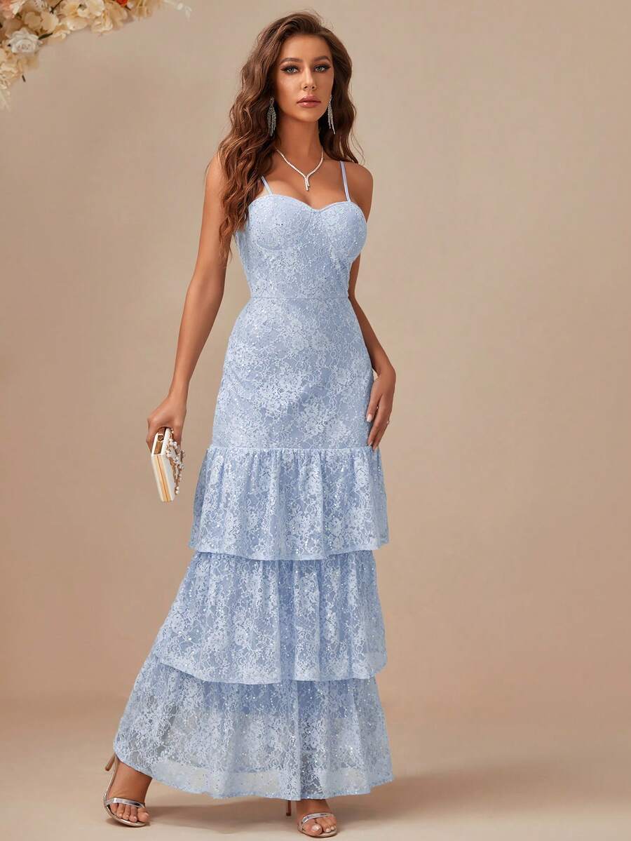 Eilly Bazar 荷叶边下摆蕾丝礼服 宴会礼服 婚礼宾客礼服 舞会礼服 - 霧霾藍 - 查看 1