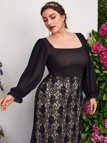 Đầm dự tiệc ren cổ vuông tay loe - màu đen - Xem 3
