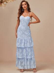 Eilly Bazar 荷叶边下摆蕾丝礼服 宴会礼服 婚礼宾客礼服 舞会礼服 - 霧霾藍 - 查看 3