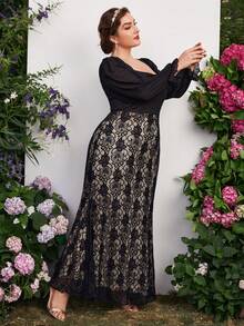 Đầm dự tiệc ren cổ vuông tay loe - màu đen - Xem 5