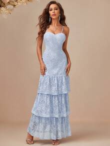 Eilly Bazar 荷叶边下摆蕾丝礼服 宴会礼服 婚礼宾客礼服 舞会礼服 - 霧霾藍 - 查看 4