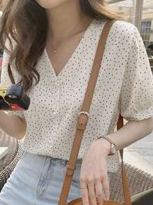 Polka Dot Puff Sleeve Blouse Summer - Apricot - View 1