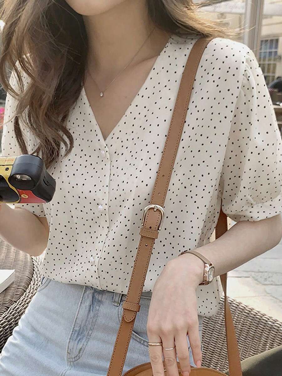 Polka Dot Puff Sleeve Blouse Summer - Apricot - View 1