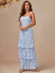 Eilly Bazar 荷叶边下摆蕾丝礼服 宴会礼服 婚礼宾客礼服 舞会礼服 - 霧霾藍 - 查看 6