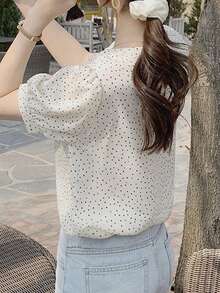 Polka Dot Puff Sleeve Blouse Summer - Apricot - View 2