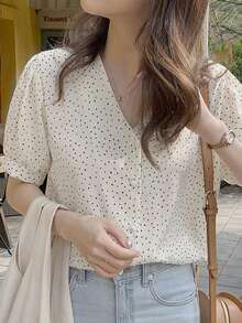 Polka Dot Puff Sleeve Blouse Summer - Apricot - View 3