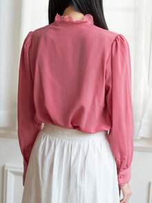 Simple Retro Camisa ribete con encaje en contraste de manga farol - Rosa - Ver 2