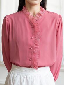 Simple Retro Camisa ribete con encaje en contraste de manga farol - Rosa - Ver 4