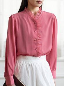 Simple Retro Camisa ribete con encaje en contraste de manga farol - Rosa - Ver 5