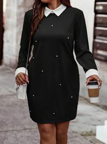 Celure 大碼珍珠串珠拼接領連衣裙 - 黑色 - 查看 1