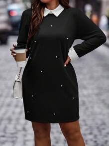 Celure 大碼珍珠串珠拼接領連衣裙 - 黑色 - 查看 4