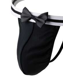 男士前蝴蝶結丁字褲 - 黑與白 - 查看 4