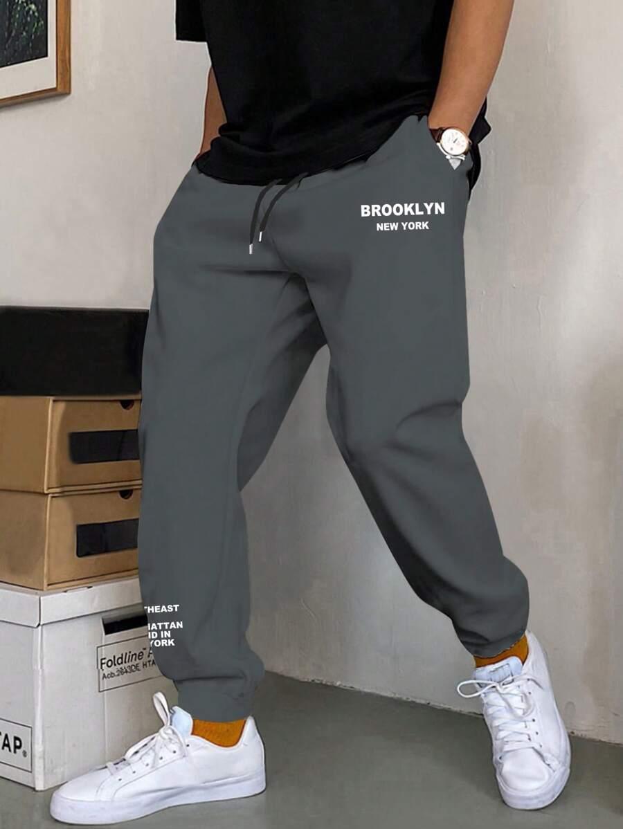 Manfinity Homme 宽松男士字母图案抽绳腰运动裤 - 深灰色 - 查看 1