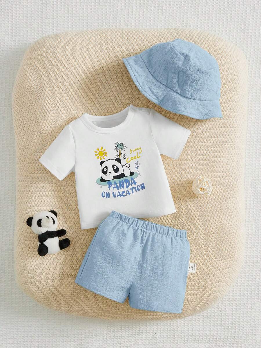 SHEIN Newborn Baby Girl Panda & Slogan Graphic Tee & Shorts & Hat - Blue and White - View 1