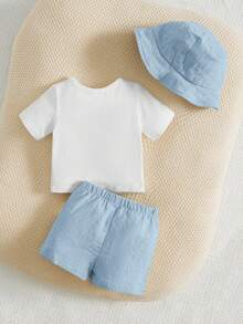 SHEIN Newborn Baby Girl Panda & Slogan Graphic Tee & Shorts & Hat - Blue and White - View 2