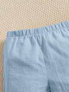 SHEIN Newborn Baby Girl Panda & Slogan Graphic Tee & Shorts & Hat - Blue and White - View 3