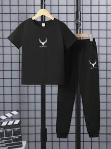 SHEIN 休閒口袋動物 標語男童（大）兩件套 - 黑色 - 查看 1