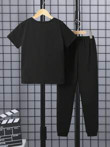 SHEIN 休閒口袋動物 標語男童（大）兩件套 - 黑色 - 查看 2