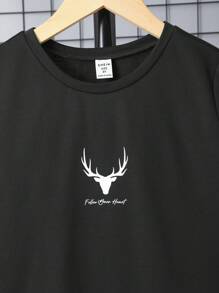 SHEIN 休閒口袋動物 標語男童（大）兩件套 - 黑色 - 查看 4