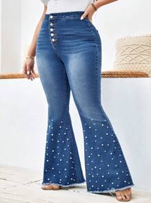 SHEIN Clasi 大碼珍珠串珠紐扣門襟毛邊緣牛仔喇叭褲 - 中等水洗藍 - 查看 1