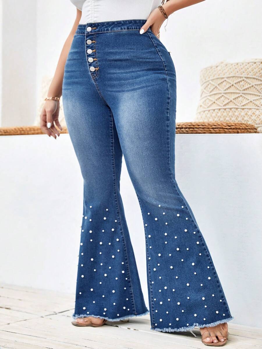 SHEIN Clasi 大碼珍珠串珠紐扣門襟毛邊緣牛仔喇叭褲 - 中等水洗藍 - 查看 1