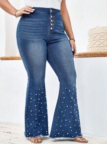 SHEIN Clasi 大碼珍珠串珠紐扣門襟毛邊緣牛仔喇叭褲 - 中等水洗藍 - 查看 4