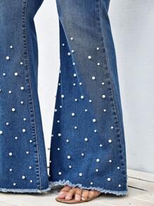 SHEIN Clasi 大碼珍珠串珠紐扣門襟毛邊緣牛仔喇叭褲 - 中等水洗藍 - 查看 8