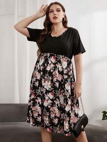 Plus Floral Print Round Neck Dress - Multicolor - View 1