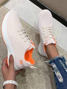 Fashionable And Comfortable Breathable Lace-up Running Shoes With Letter Decal Decoration - Beige - View 2